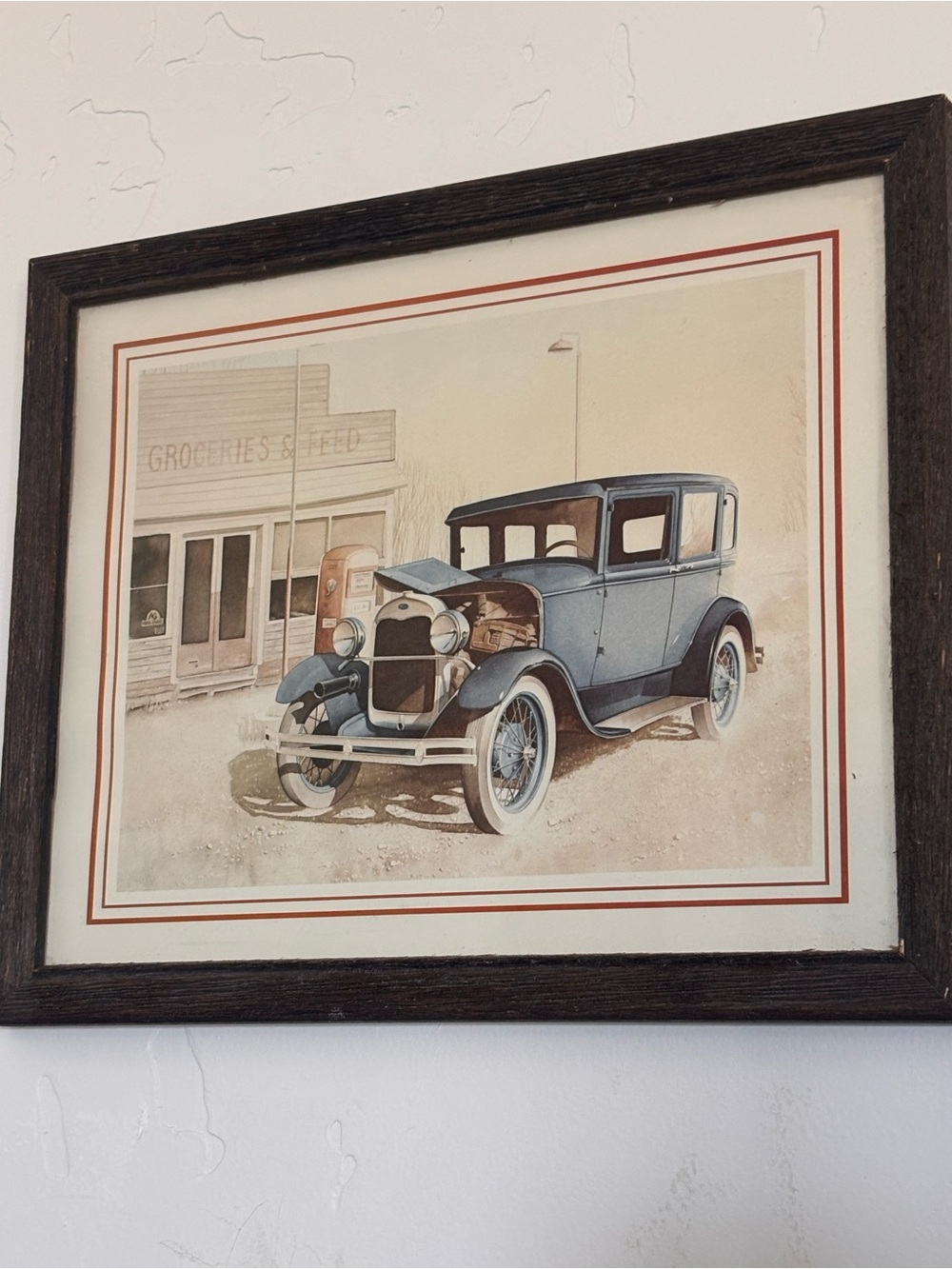Vintage Framed Classic Car Print - Blue Car Artwork 9”x11”